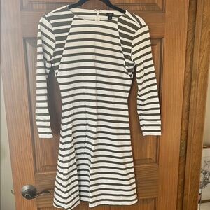 J. Crew 365 Striped Long-Sleeve Fit & Flare Dress in White and Olive XS
